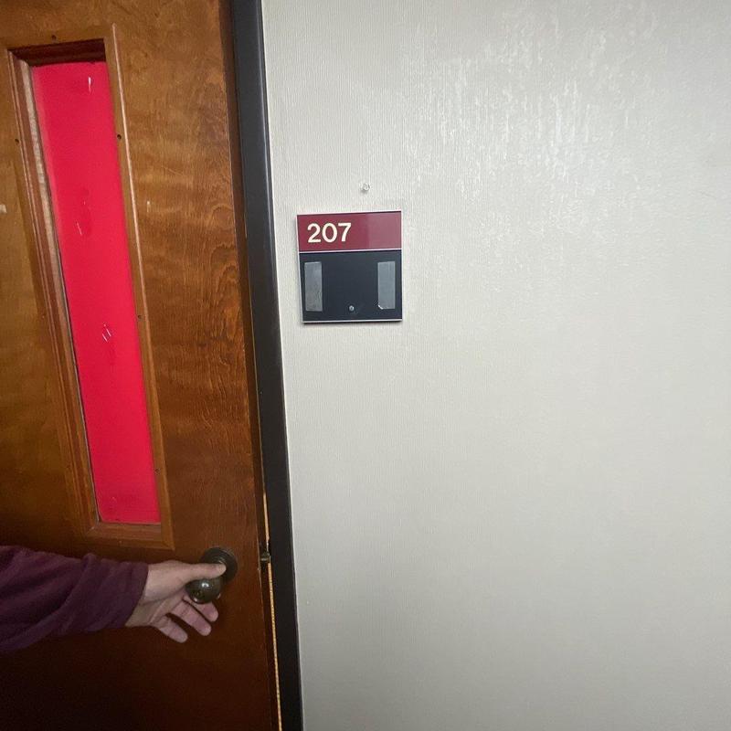Ministry room 207 door with wood and glass panel Ministry room 207 door with wood and glass panel