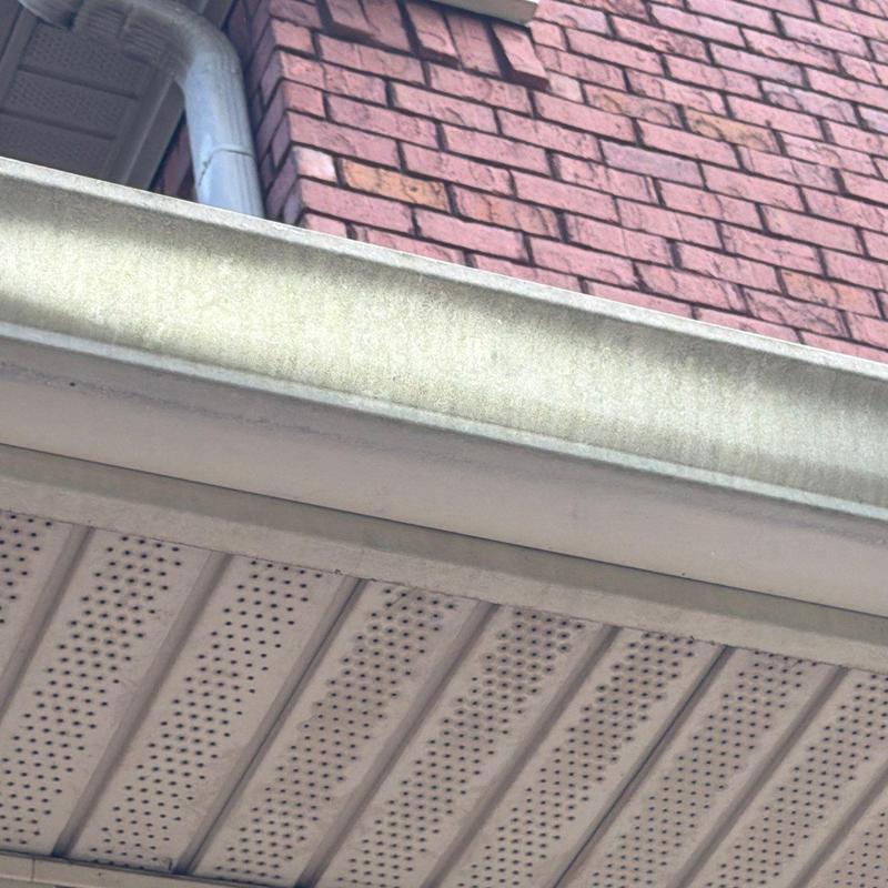 Gutter and soffit inspection on brick residential roof