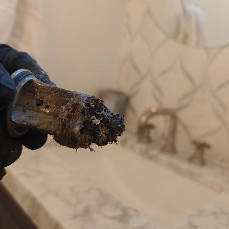 Bathroom drain clog removal with debris buildup