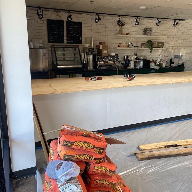 Concrete counter with construction materials and tools Concrete counter with construction materials and tools