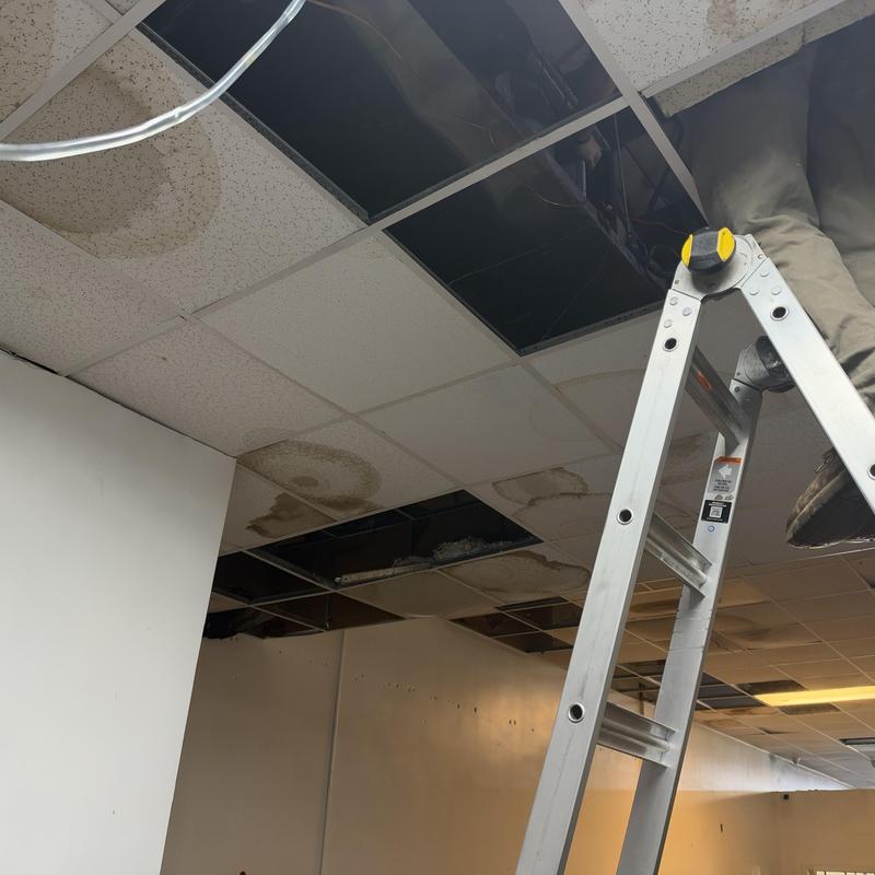 Secondary drain pan with water damage on ceiling tiles Secondary drain pan with water damage on ceiling tiles