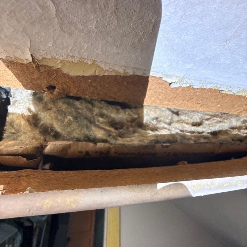 Roof sheathing with water damage and insulation exposed