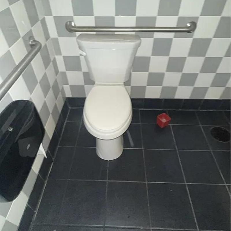 Commercial toilet with grab bars and tiled floor