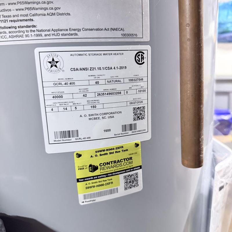 Gas water heater label showing model and specs