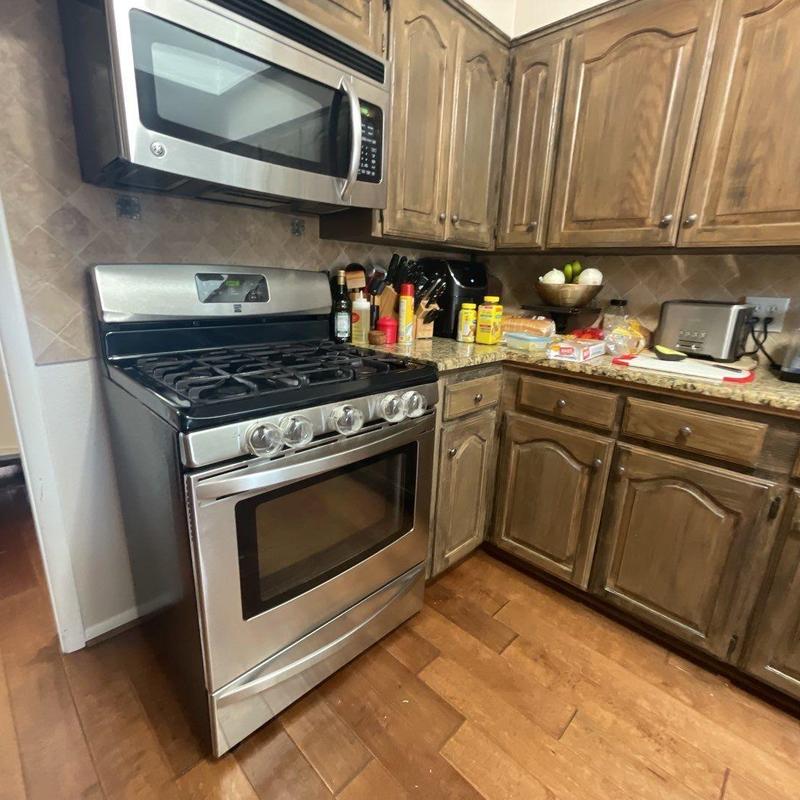 Stainless steel gas range and microwave in kitchen remodel Stainless steel gas range and microwave in kitchen remodel