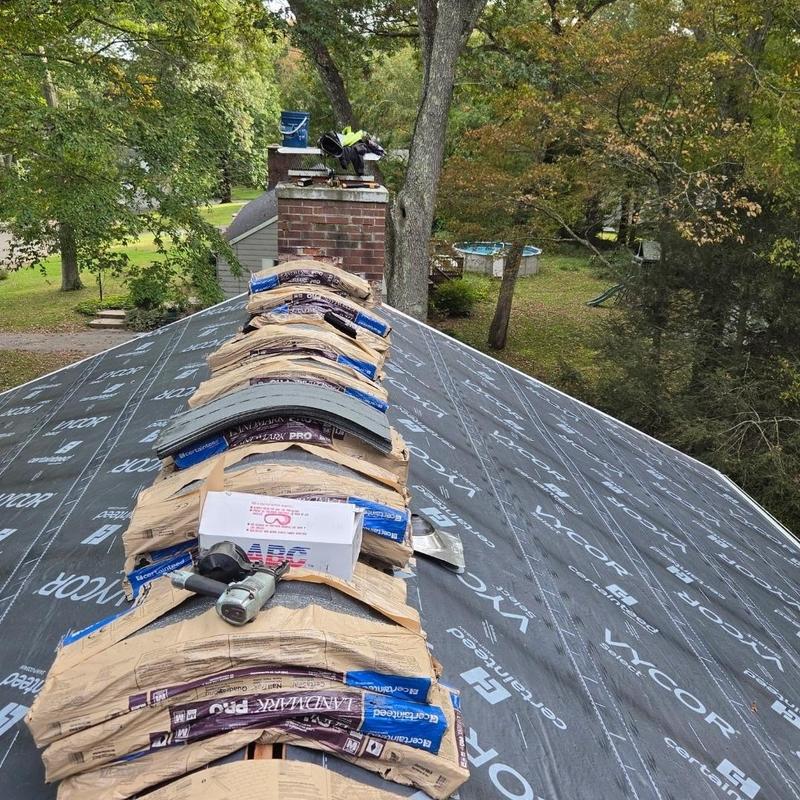 CertainTeed Landmark Pro shingles stacked on roof underlayment