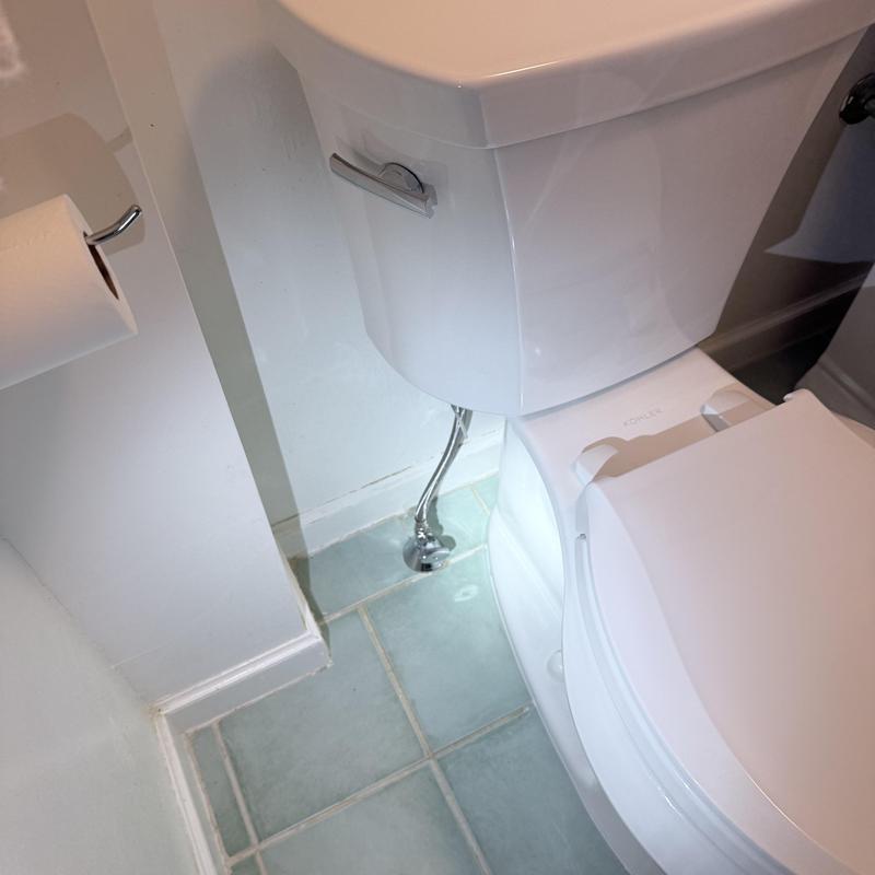 Toilet with chrome emergency shut-off valve in bathroom