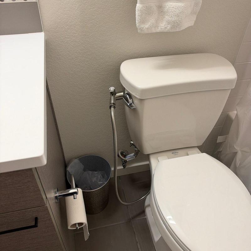 Handheld bidet and wand installation next to toilet tank