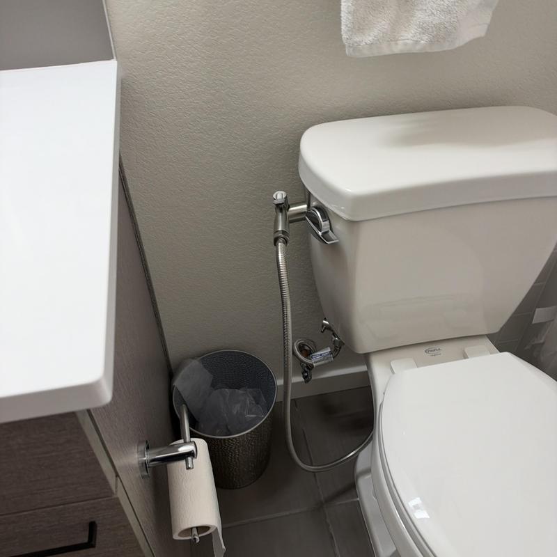 Bidet spray hose installation next to toilet tank