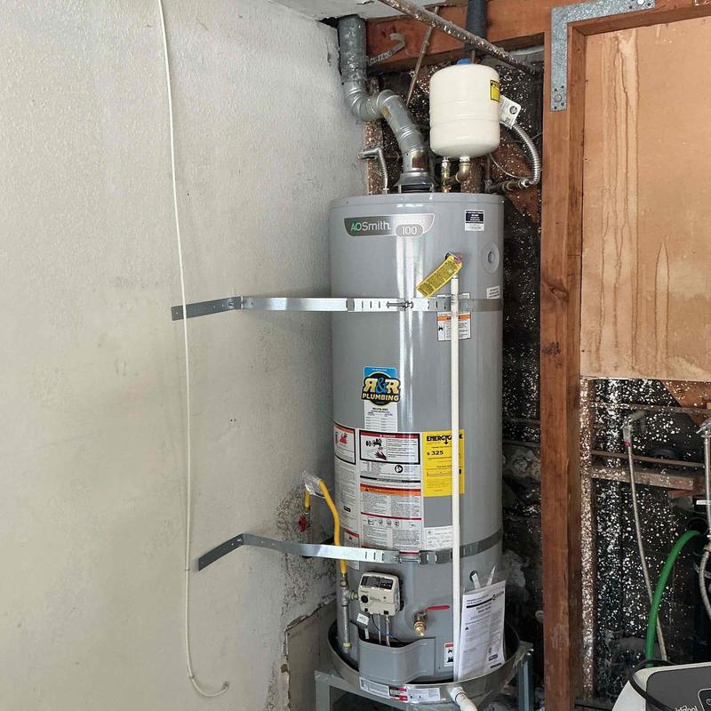 AO Smith 50-gallon water heater installed in garage