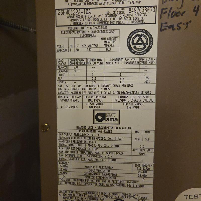 Cooling unit electrical rating and specifications label Cooling unit electrical rating and specifications label