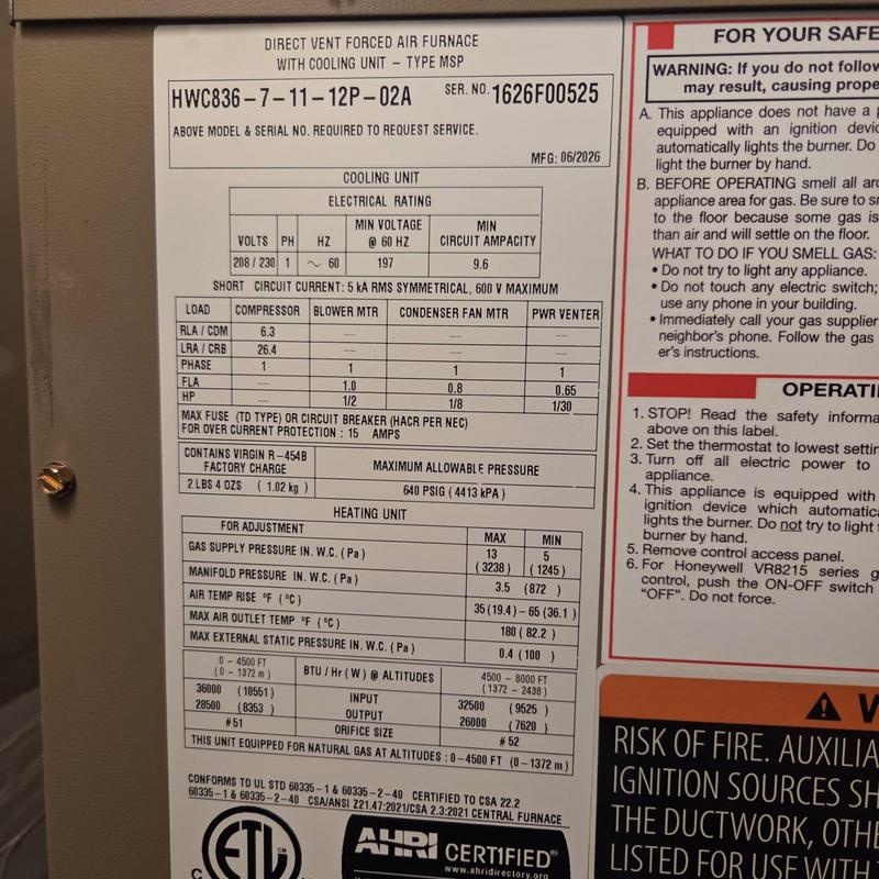 Direct vent forced air furnace specs label Direct vent forced air furnace specs label
