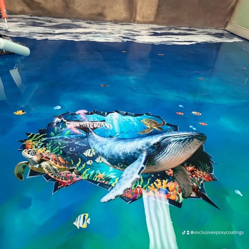 Ocean-themed epoxy floor with 3D whale design
