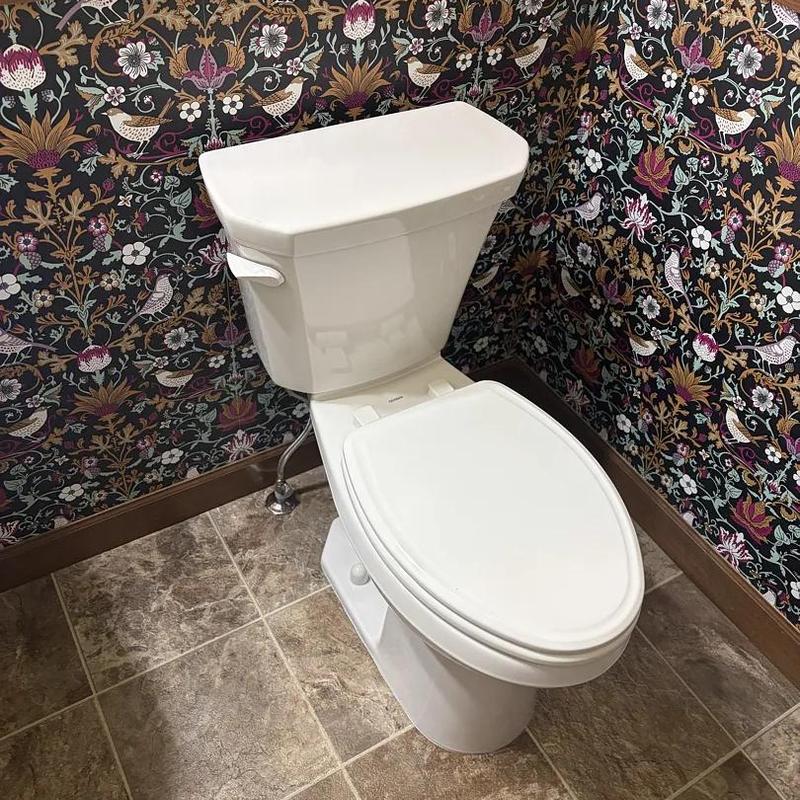 Toilet installation in floral wallpaper bathroom corner