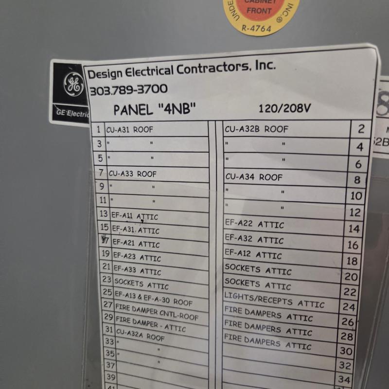 Electrical panel "4NB" circuit directory label Electrical panel "4NB" circuit directory label