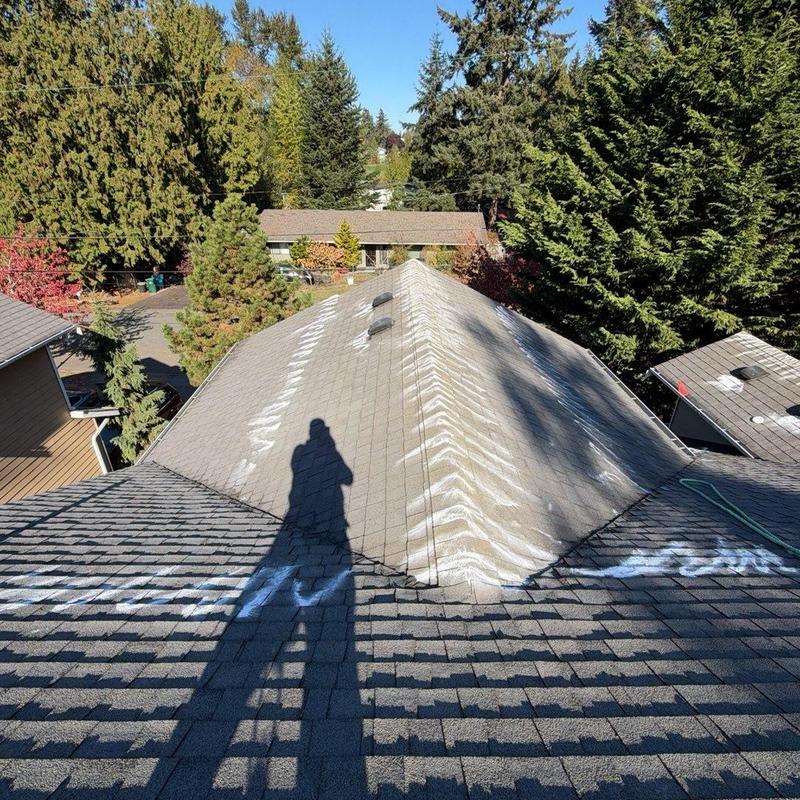 Asphalt shingle roof with chalk markings and shadow