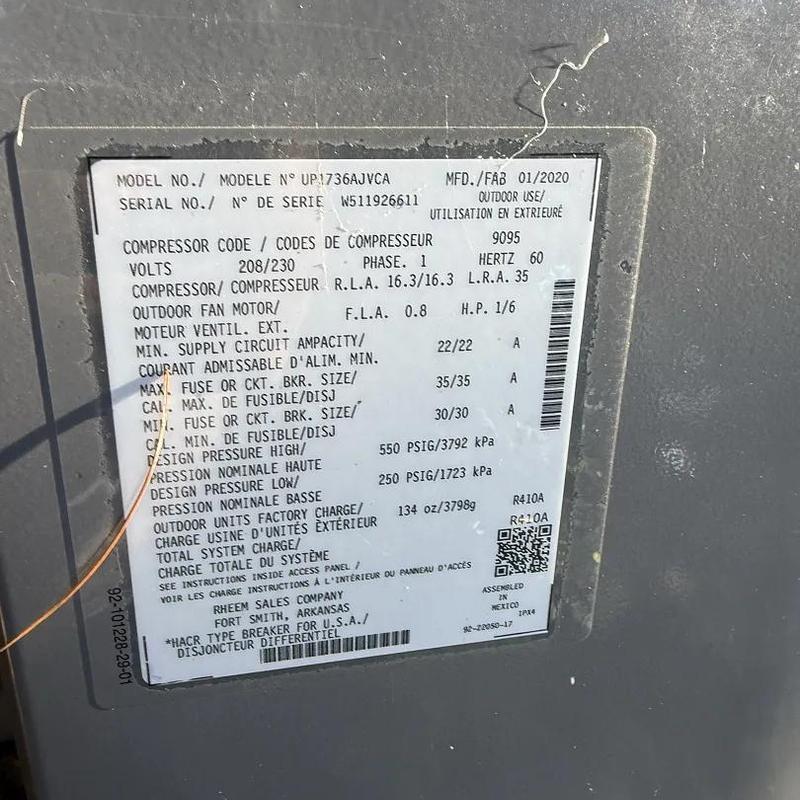 Outdoor unit compressor and electrical specs label Outdoor unit compressor and electrical specs label