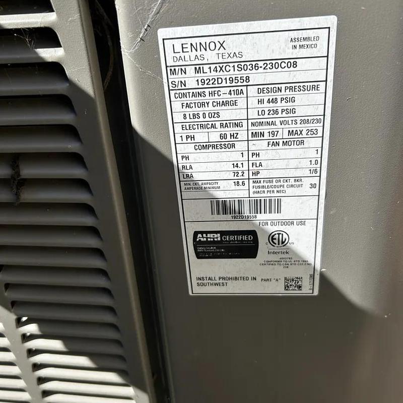 Lennox HVAC unit label and specifications detail