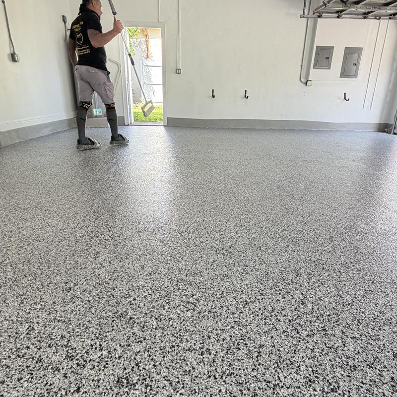 Epoxy flake garage floor coating in progress