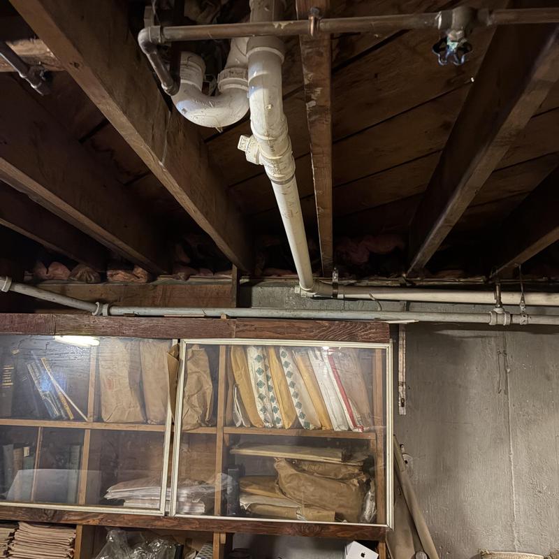 Tub drain PVC pipes and trap under basement ceiling