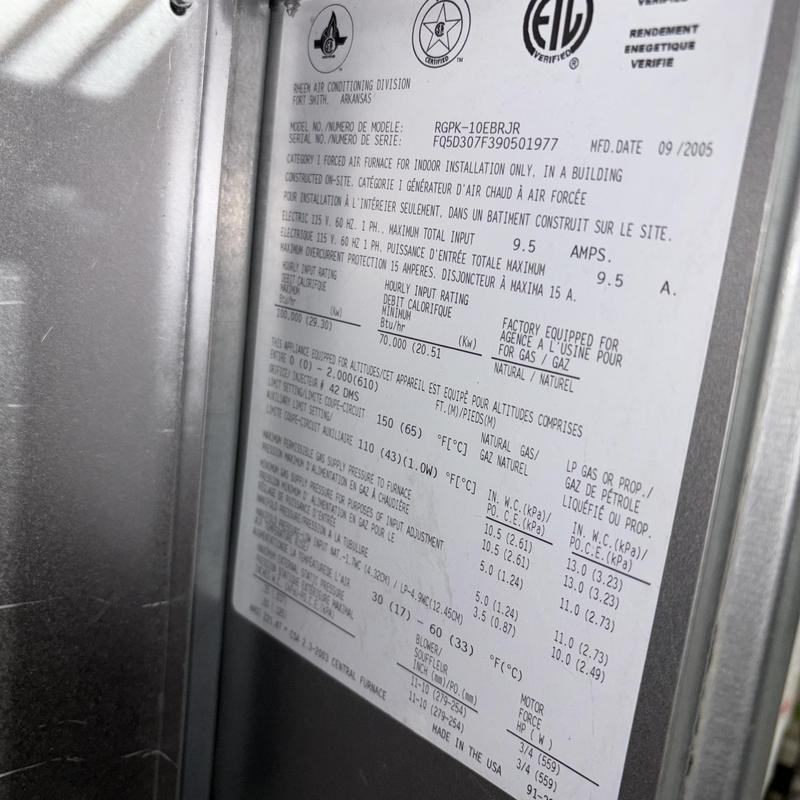 Forced air furnace specification label inside electrical panel Forced air furnace specification label inside electrical panel